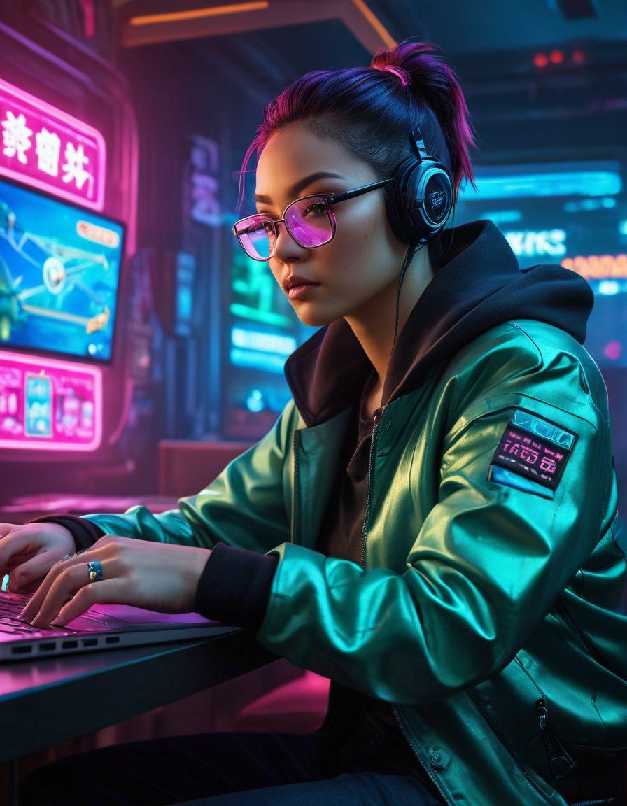 A dynamic and engaging scene depicting a person sitting at a laptop, surrounded by neon lights, playing various online gambling games like poker and slots, with Asian motifs and symbols subtly integrated in the background. The atmosphere should convey excitement and strategy, with a hint of expert guidance represented by charts or statistics in the background. The overall color scheme should be vibrant and eye-catching. super-realistic. cyberpunk. vibrant colors.