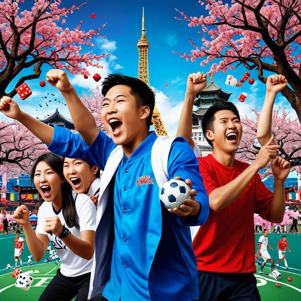 A dynamic collage featuring Asian sports fans passionately cheering for various sports, such as soccer, basketball, and esports, intertwined with colorful betting symbols like odds and dice. The background showcases iconic Asian landmarks and elements like cherry blossoms and traditional motifs, illustrating the fusion of culture and modern betting strategies. Bold, motivational text overlays with the title 'Unlocking Success' in an engaging font. vibrant colors. super-realistic. 3D.