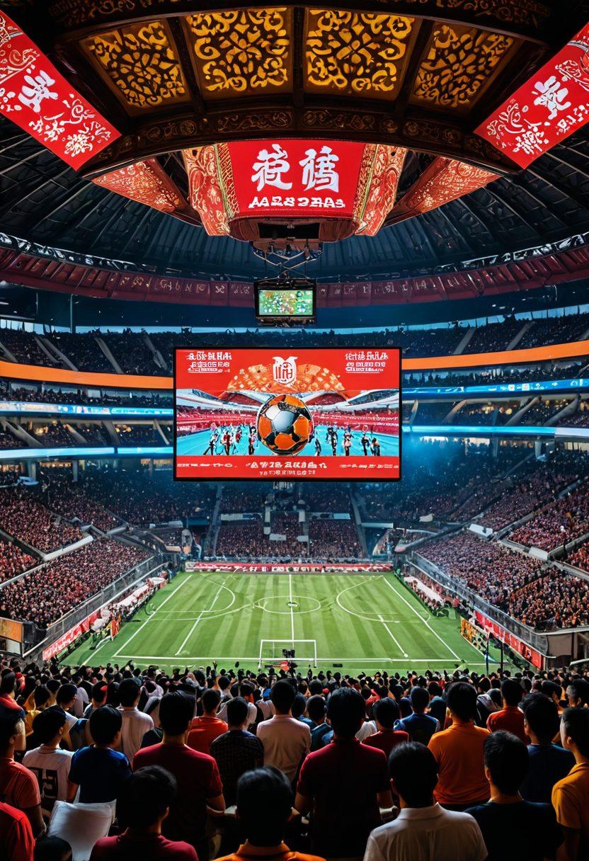 A dynamic composition featuring a bustling Asian sports event with enthusiastic crowds, vibrant banners showcasing various sports, and a digital overlay of live betting odds and statistics. Include traditional Asian architecture in the background, and sports icons like football, basketball, and horse racing prominently featured. Capture a sense of excitement and victory in the atmosphere. super-realistic. vibrant colors.